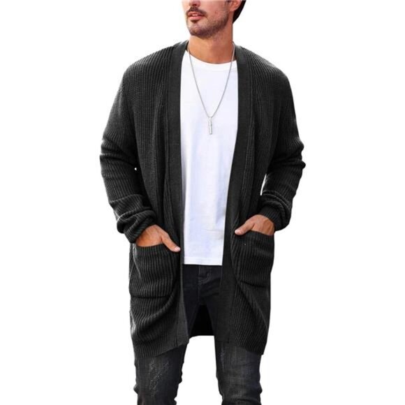 Men's Cardigan Sweater Casual Cable Knit V Neck Open Front Ribbed Long - Picture 1 of 6
